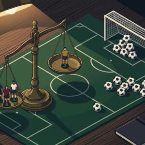 Seseorang memegang ponsel menampilkan data pertandingan sepak bola di samping buku catatan dan kopi
